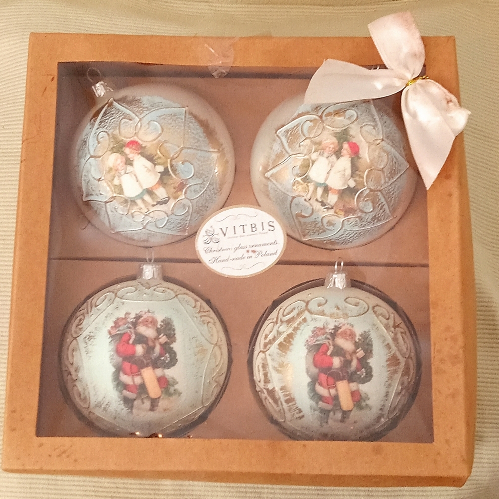 Vitbis Poland hand crafted glass ornaments 4" children & Santa.  New In Box.